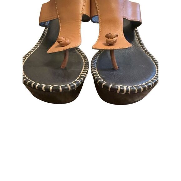 Donald J. Pline Vachetta Heel Wedge Sandal Tan Black Leather Slides Open Toe Wom - Picture 10 of 12